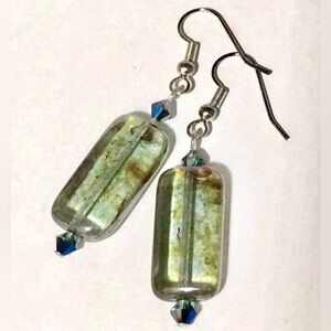 Vintage Green Blue Gold Luster Glass Long Rectangle and Crystal Dangle Earrings